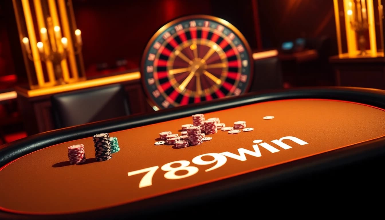 Experience the excitement of 789win at a luxurious casino table with vibrant poker chips and cards.