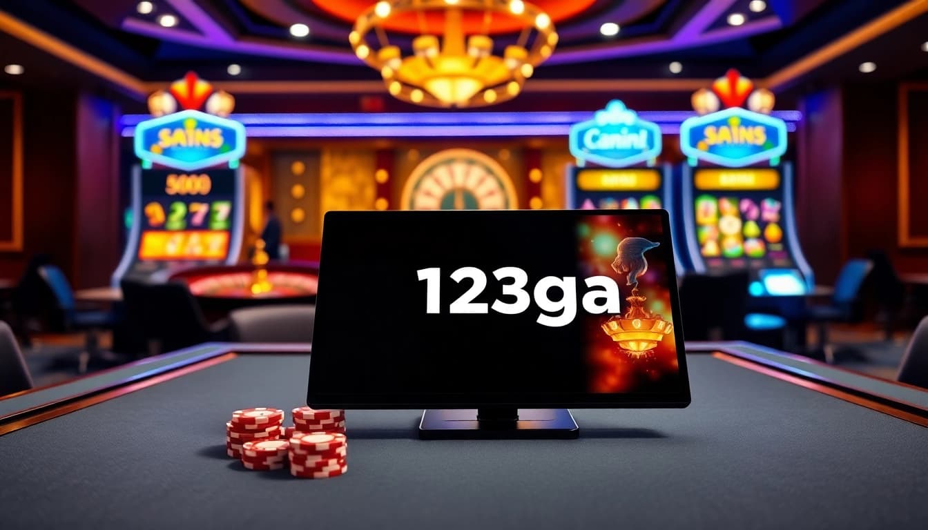 Engaging casino scene with 123ga branding featuring poker chips and roulette wheel.