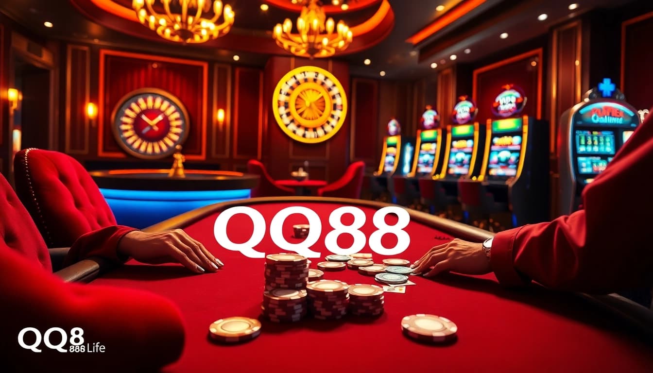 Experience thrilling gameplay at QQ88 Life with vibrant casino visuals featuring poker and roulette.