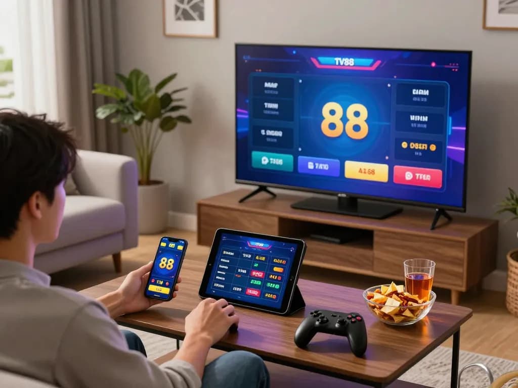 Engaged player exploring the tv88 online betting platform in a cozy living room.