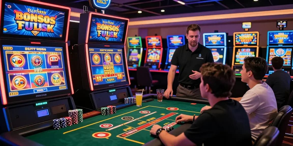 Players enjoying bonus buy slots in a lively casino atmosphere with colorful screens and excitement.
