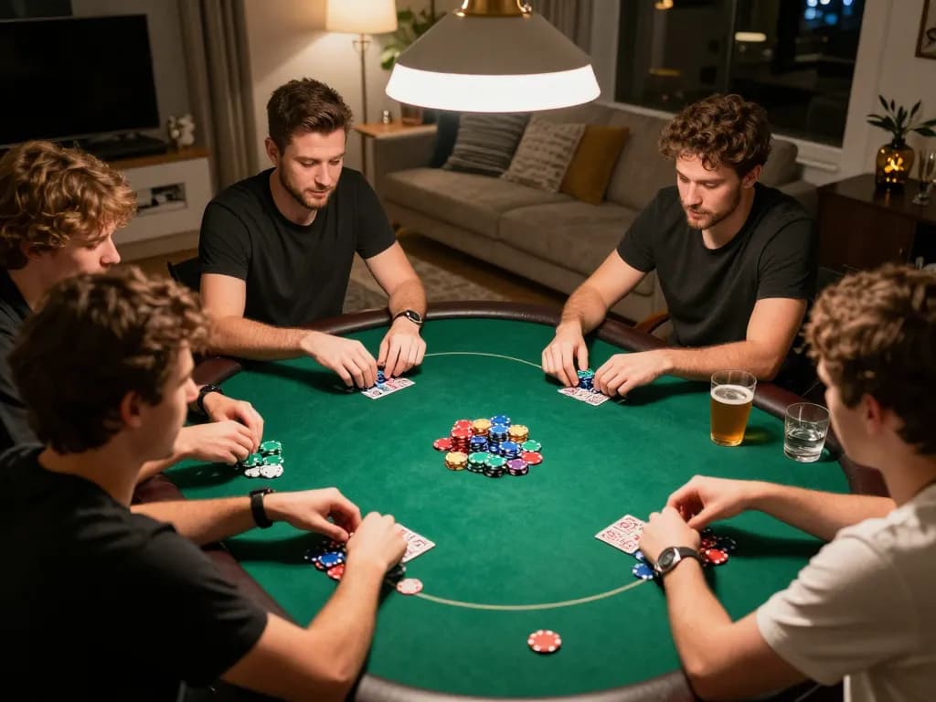 Friends enjoying a game night while playing poker, showcasing a vibrant home atmosphere at a bandar situs slot gacor.
