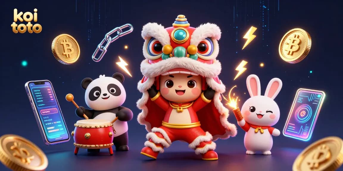Engage in thrilling gameplay with koi toto, featuring a vibrant cartoon scene of lion dance and crypto elements.