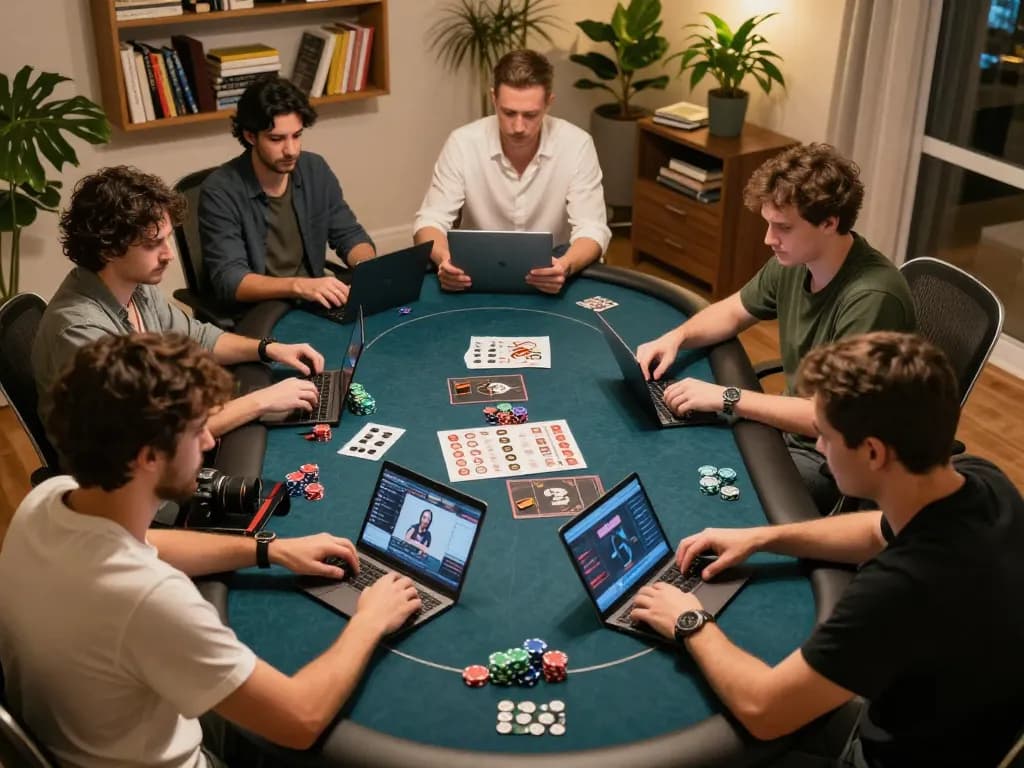 VT88 players engaging in intense online poker with laptops and chips in a stylish home setup