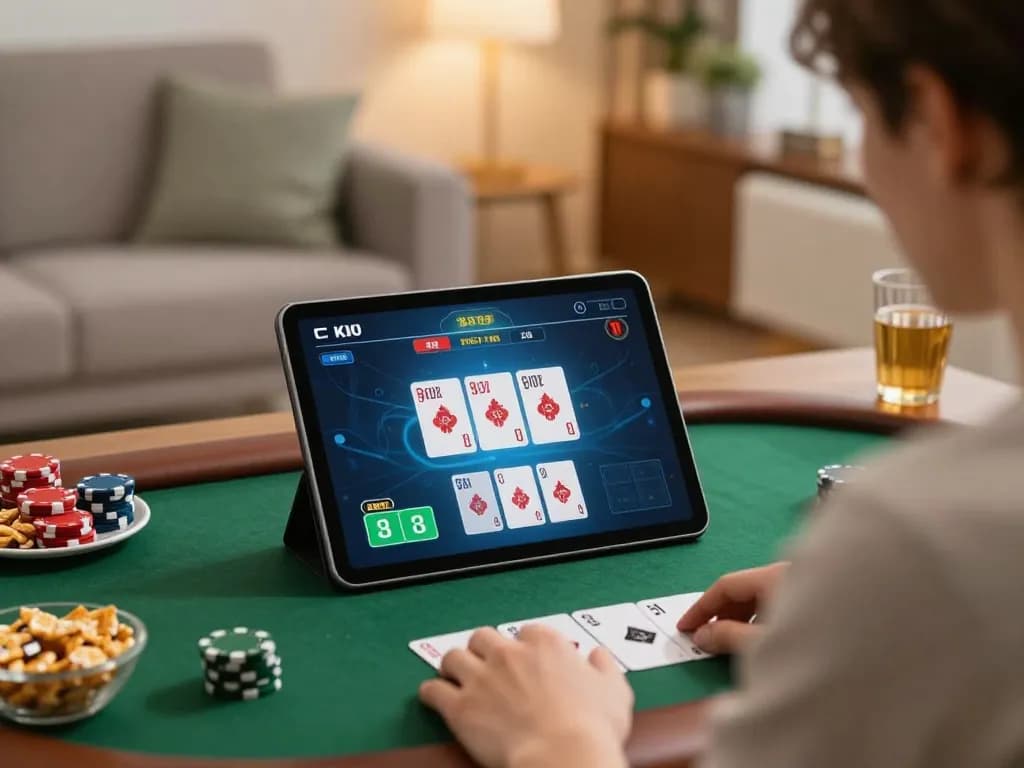 Player engaging with online poker game on tablet while surrounded by snacks, illustrating 링크모음 for strategic gaming