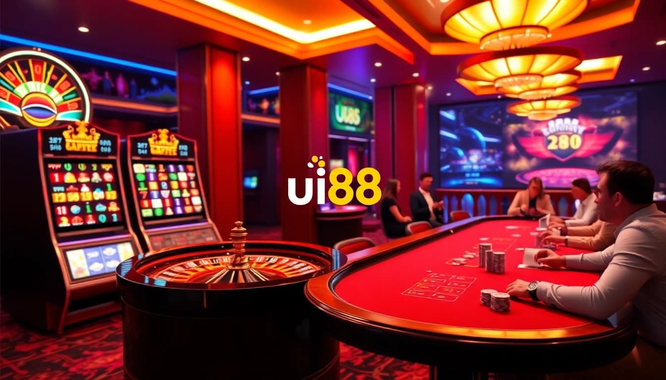 Experience the excitement of uu88 with vibrant casino visuals showcasing slot machines and live betting tables.