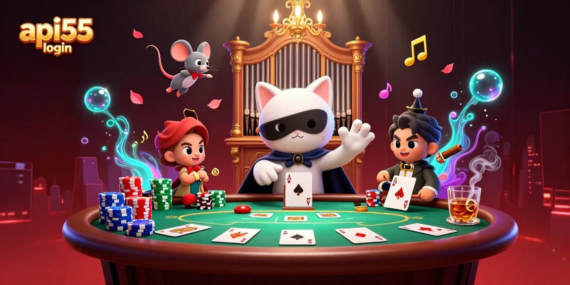 Experience the excitement of api55 login with this vibrant casino illustration filled with poker action.
