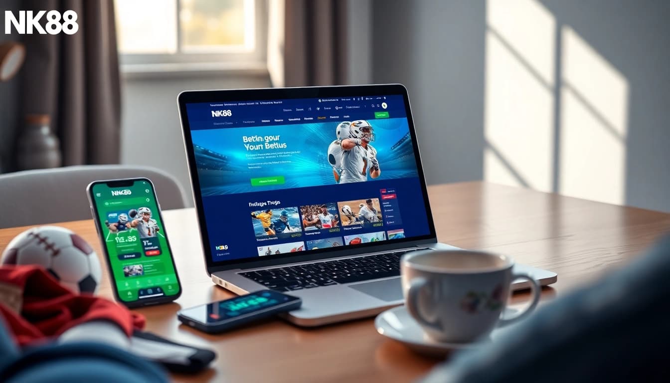 NK88 online betting platform on a sleek laptop with sports graphics