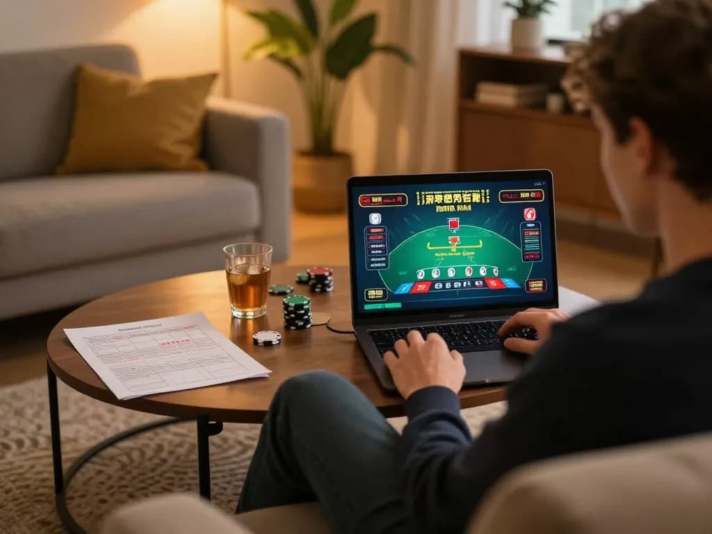 Engaging in online blackjack at home with uu88 gaming setup on laptop.