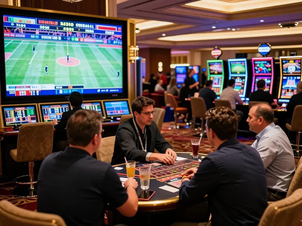 Soc88 sports bettors analyzing odds in an upscale casino environment.