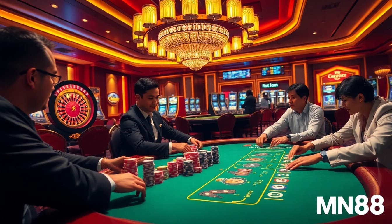 High-stakes poker game at MN88 casino with players and chips in vibrant atmosphere.