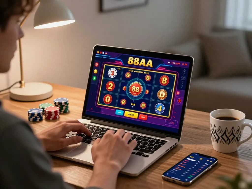 Engaging scene of a player using the 88AA online gambling platform at home with casino game graphics on a laptop.