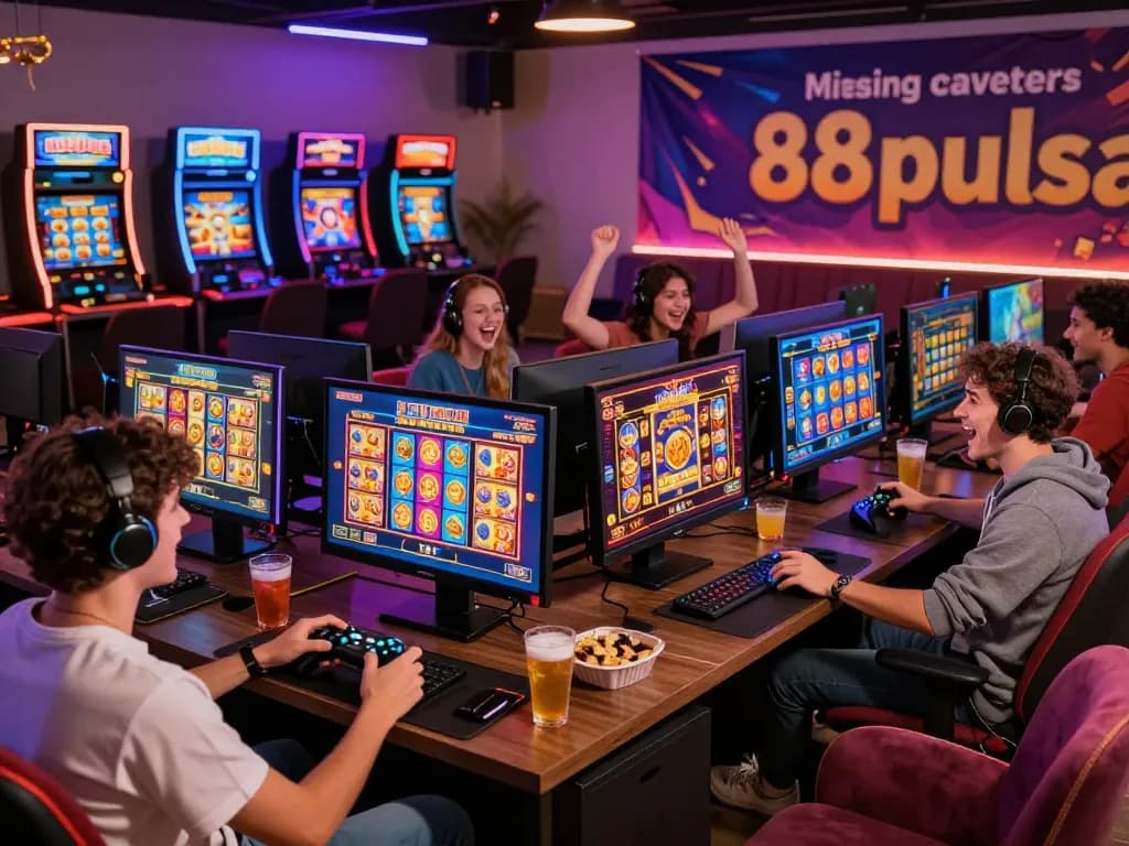 Friends excitedly playing on 88pulsa online casino, showcasing vibrant slot games and game controllers.