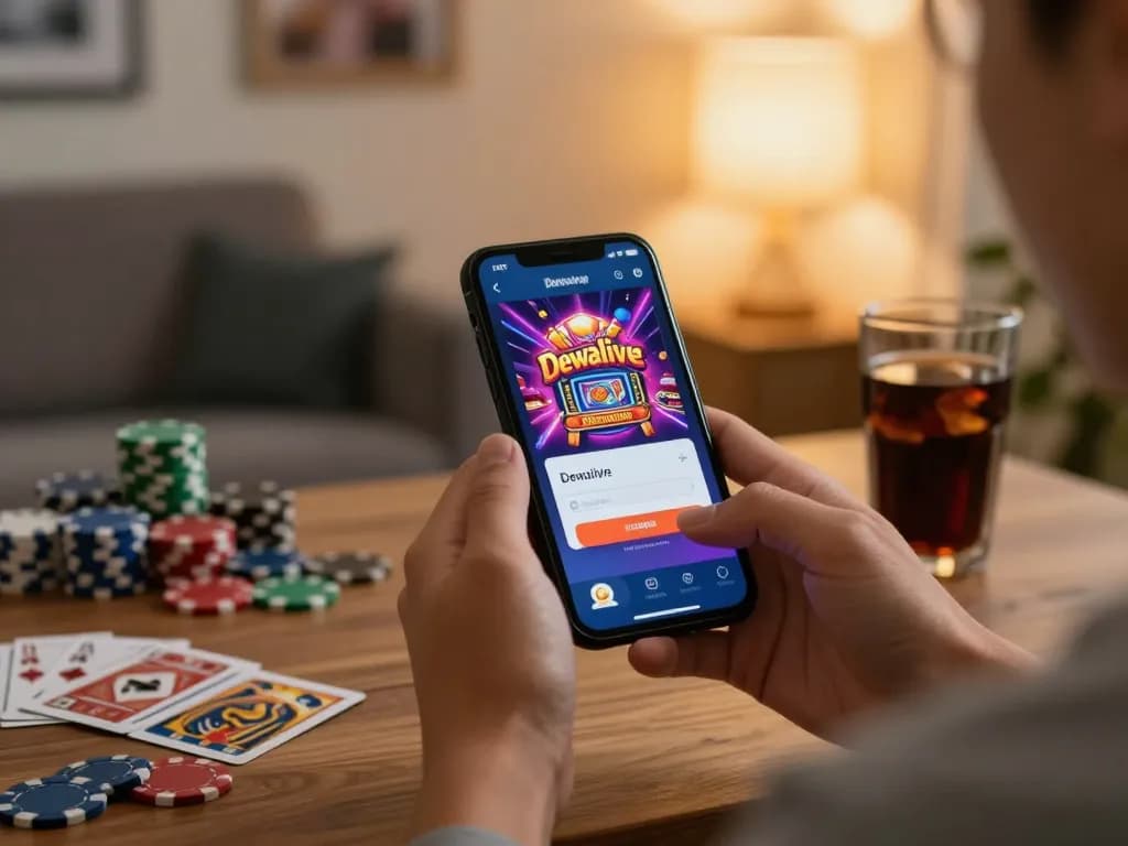 Dewalive Login screen on smartphone in a cozy home setting while gaming with poker chips.