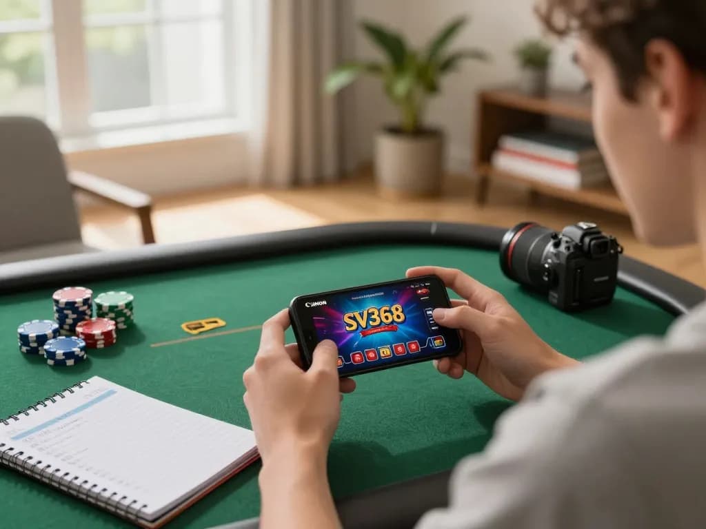 Engaged user betting with SV368 app on smartphone in a cozy home setting.