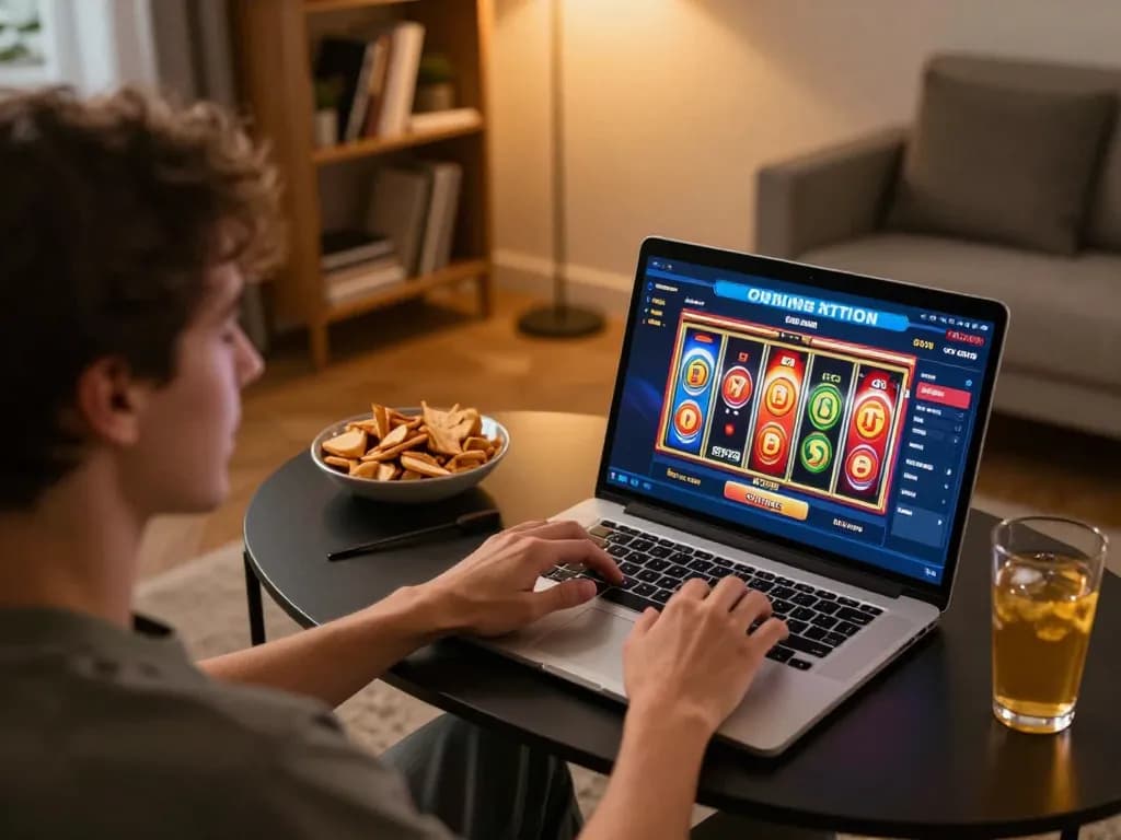 Engaging with online slots at home using the casino app https://p33.jp.net/, showcasing vibrant game interface and relaxed atmosphere.
