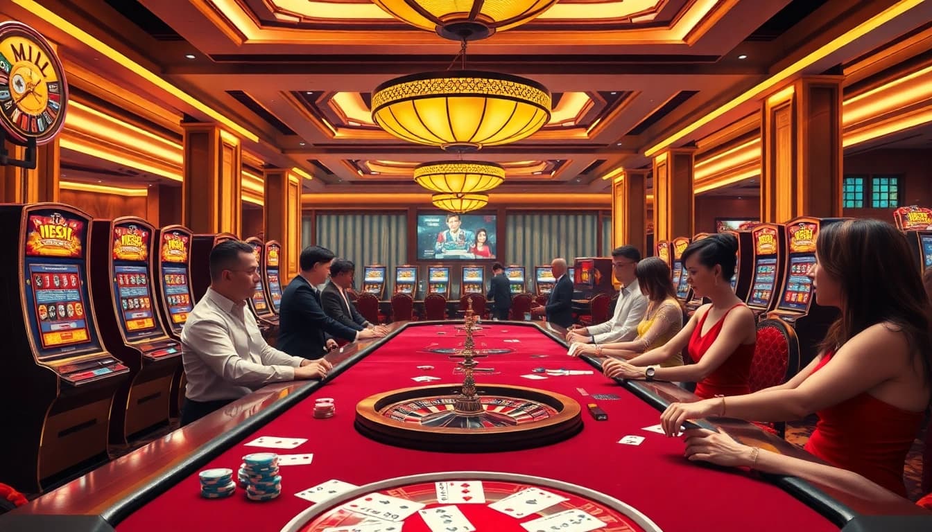 Experience the excitement of me88 with vibrant casino tables, dealers, and immersive gaming.