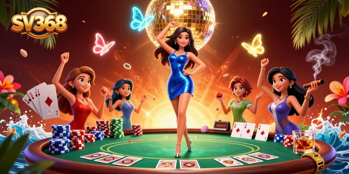 Play intense games at SV368’s thrilling casino, featuring card tables, colorful chips, and vibrant atmosphere.
