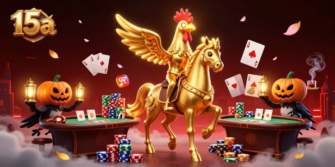 Jogando no 15a com uma cena vibrante de um galo dourado em um cassino