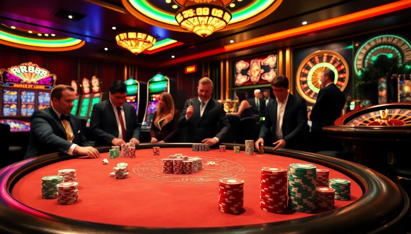 Players enjoying an exciting round at a vibrant rr88 casino poker table with colorful chips.