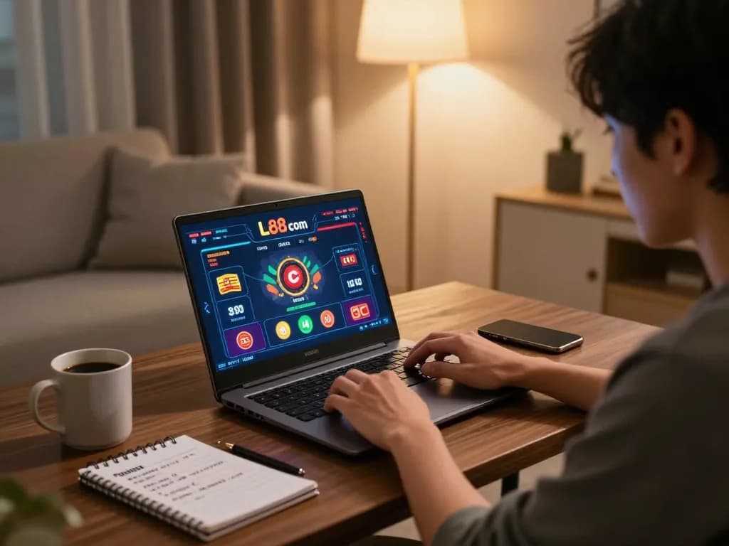 Engaging in online gaming on Lc88 com with a laptop in a cozy home environment.