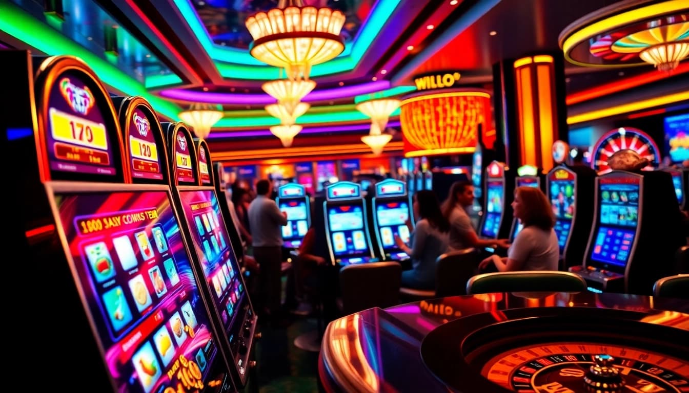 Pemain yang terlibat menikmati pengalaman permainan slot yang cerah di lingkungan kasino yang mewah.
