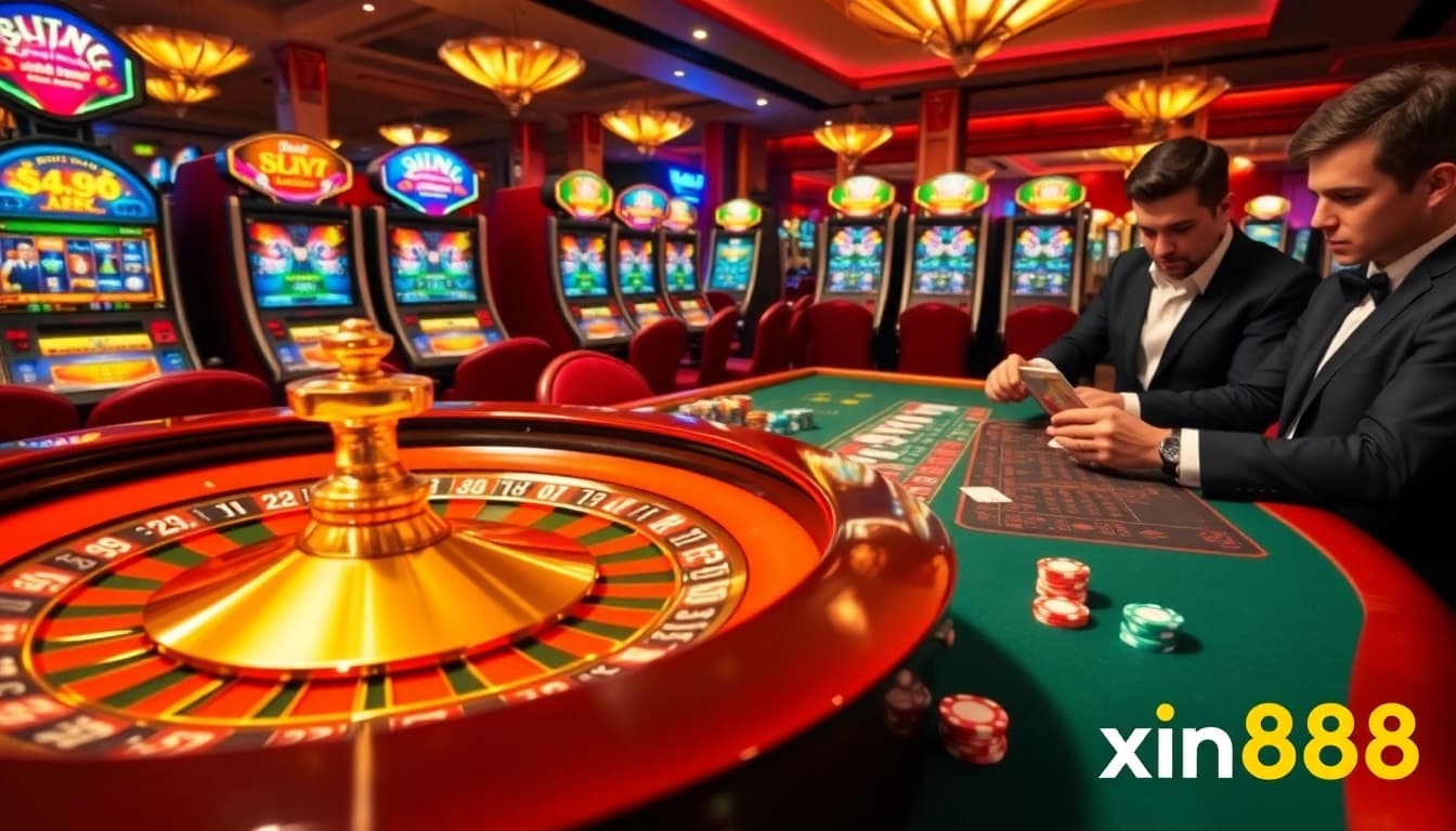 Experience thrilling casino action at xin88 with vibrant poker tables and glimmering slot machines.