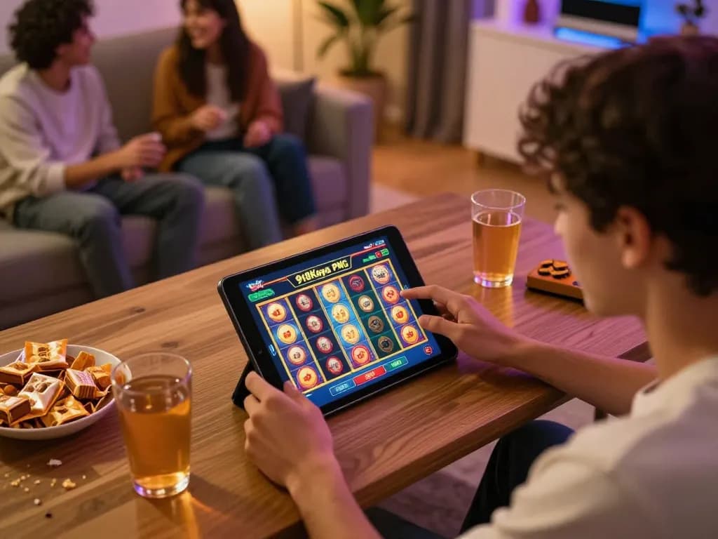 Engaging gameplay on 918Kaya PNG online casino mobile app in a cozy home setting.
