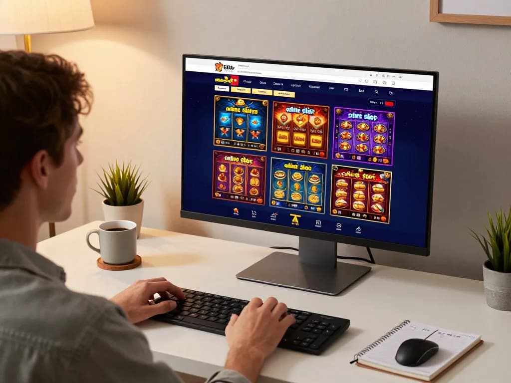 Engaging player exploring online slot malaysia games in a cozy home office.