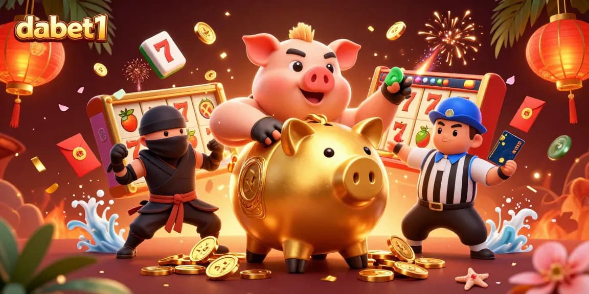 dabet1 features an intense 3D cartoon scene of a golden piggy bank wrestler amid festive gambling elements