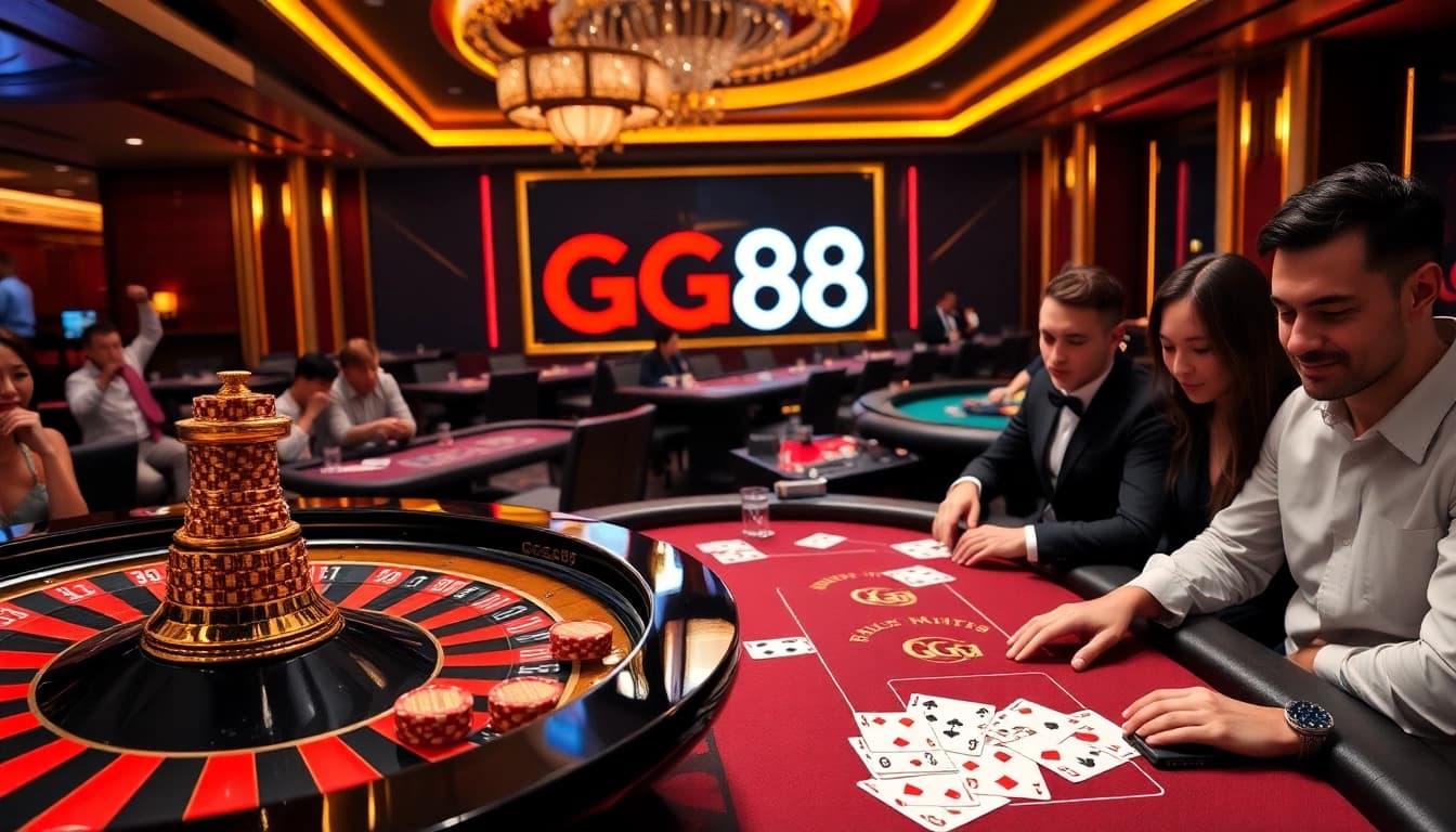 Gamblers enjoying a strategic game at GG88 casino tables filled with excitement and winning opportunities.