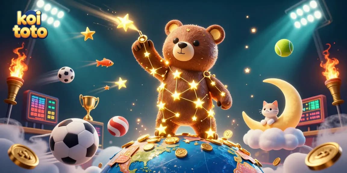 Koi toto players enjoying dynamic live casino action with stars, coins, and sports elements swirling around.