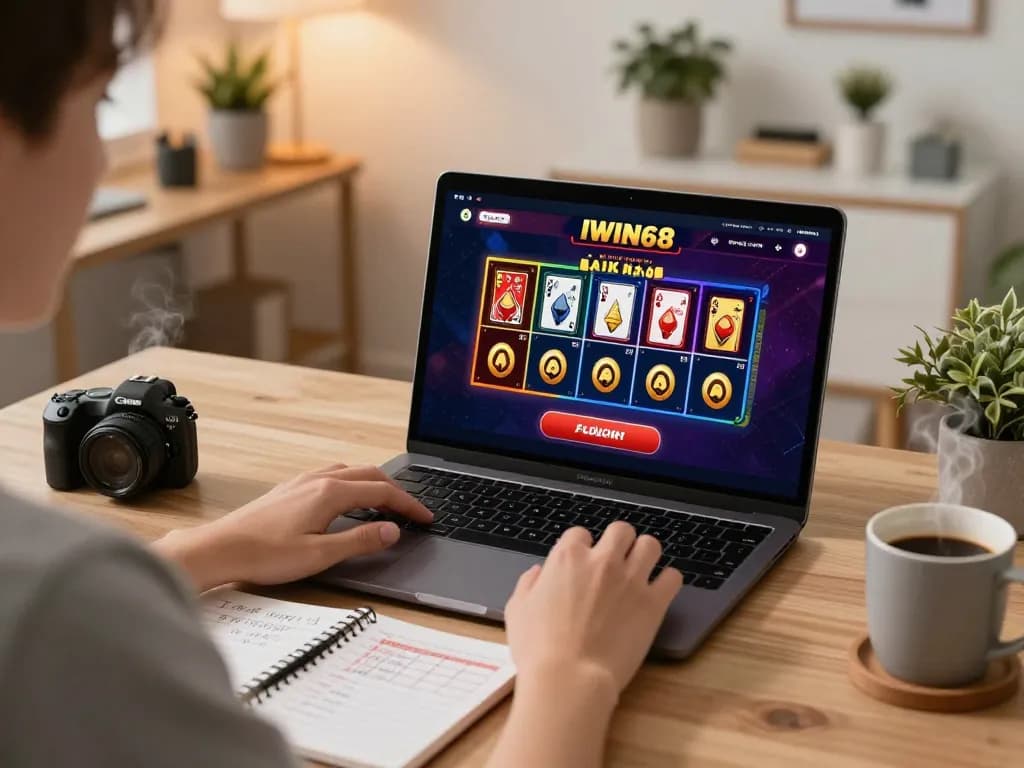 IWIN68 online gaming experience at home, showcasing strategic notes and a laptop playing casino games.