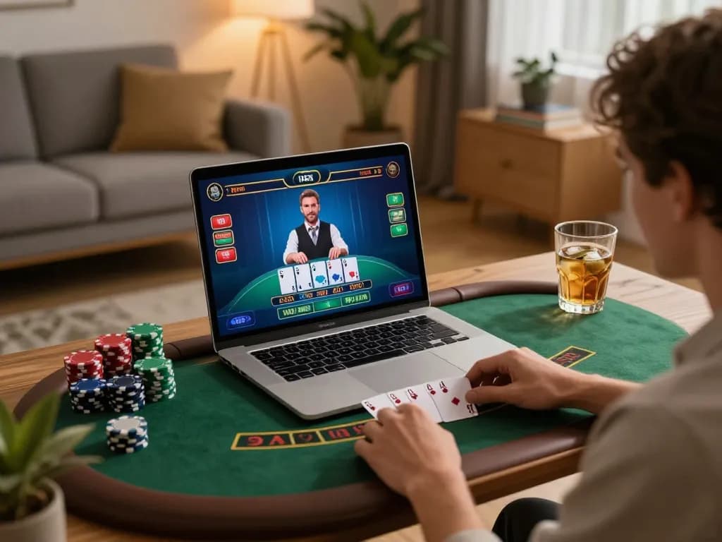 Player enjoying engaging MB66 blackjack game online at home with modern decor.