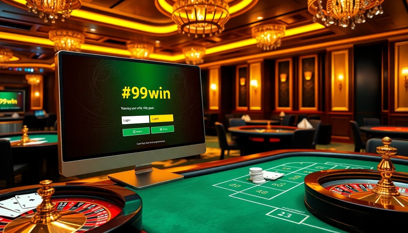 Experience 99win login with high-stakes poker and roulette in a luxurious casino setting.