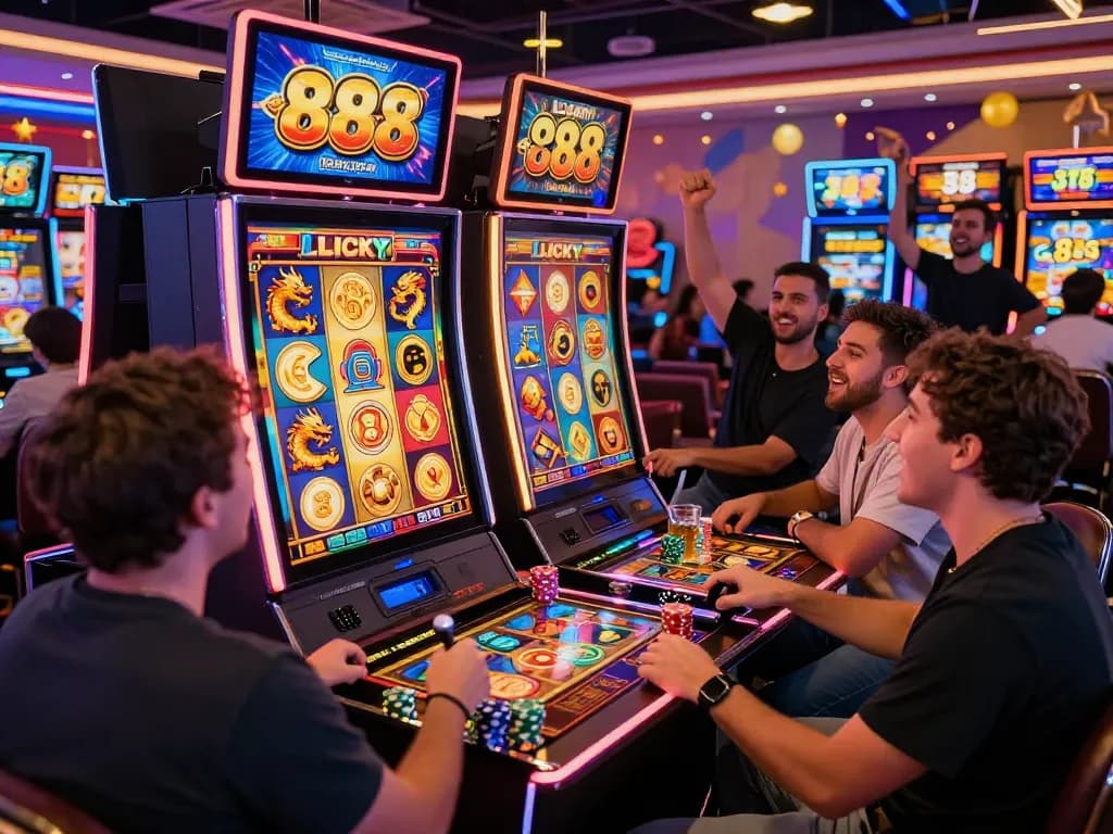 Players enjoying the Lucky 88 slot machine in a lively casino, celebrating vibrant gameplay and big wins.