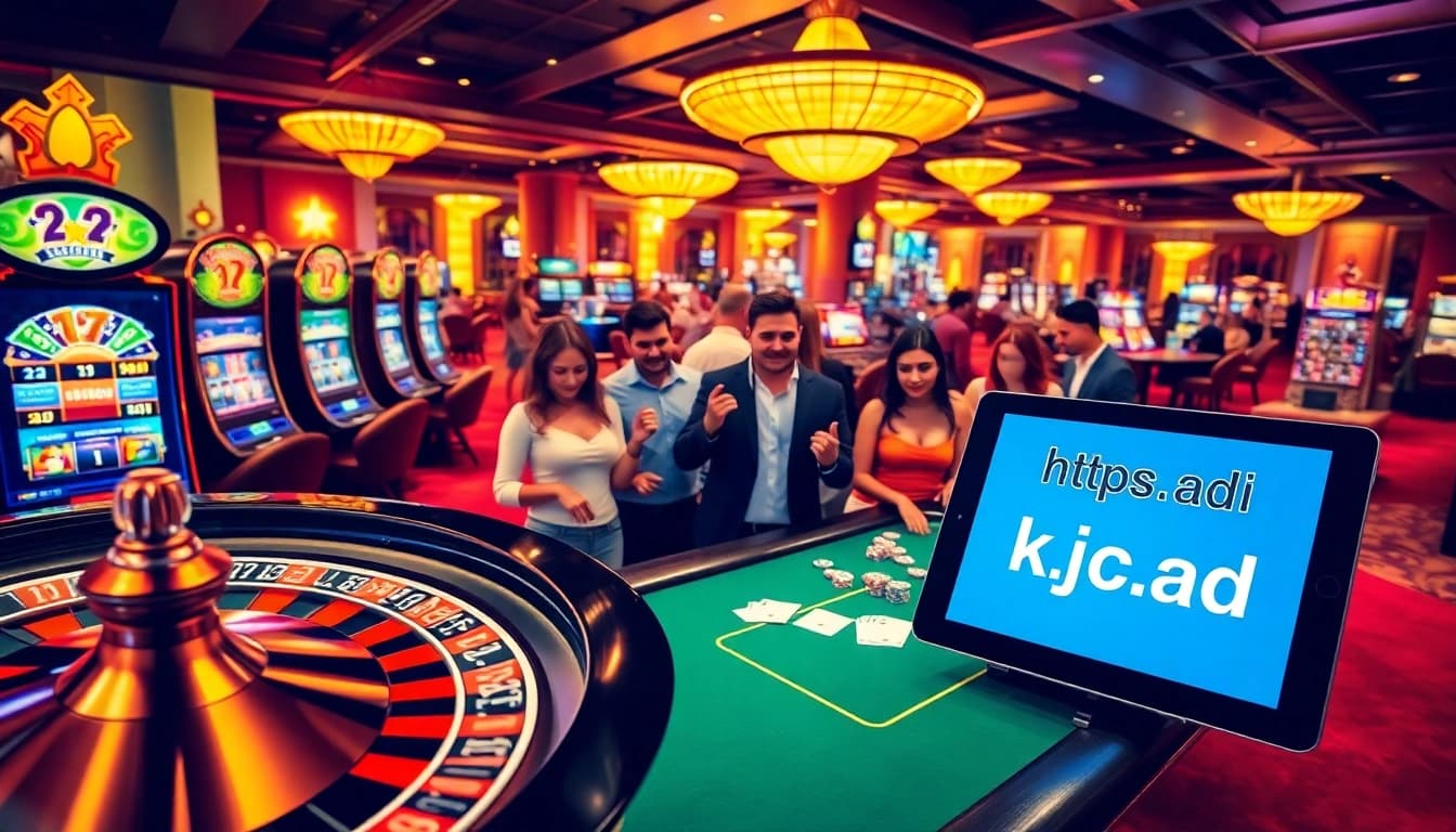 Experience thrilling casino action at https://kjc.ad/, featuring players engaging at poker tables and dynamic slot machines.