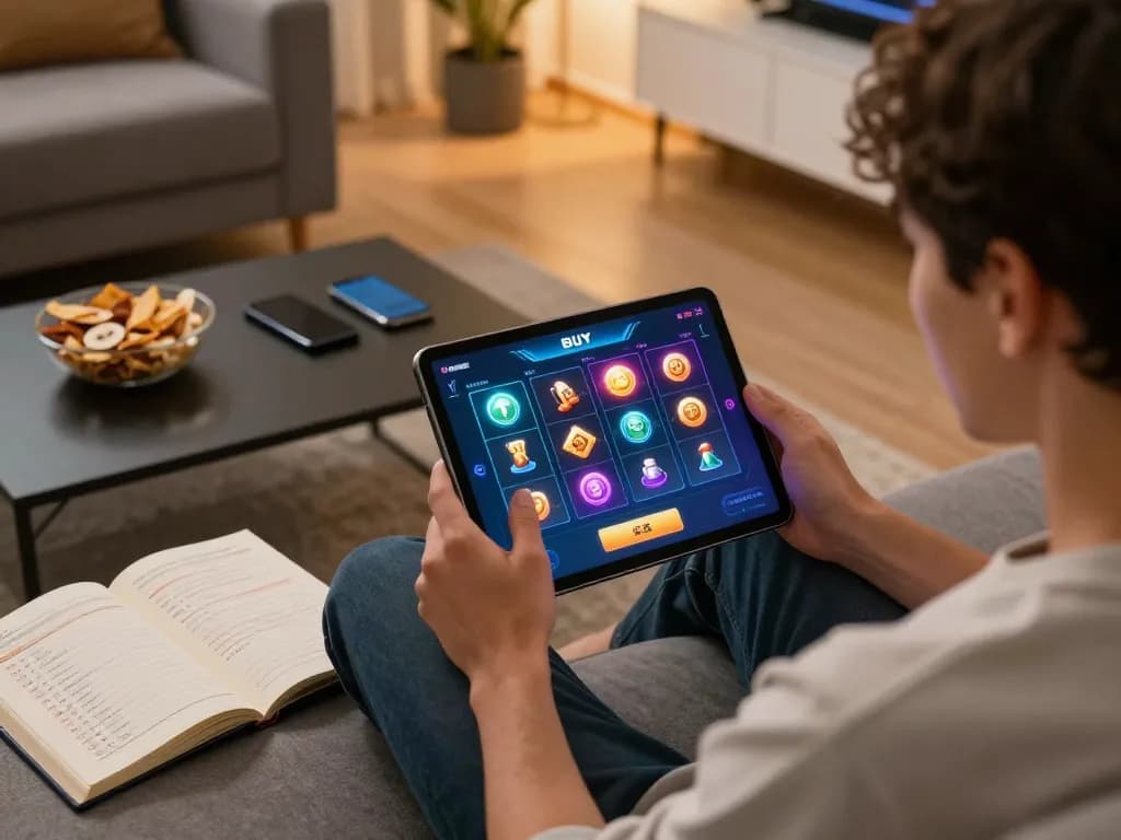Engaged player exploring buy feature slots on a tablet, demonstrating responsible gaming.