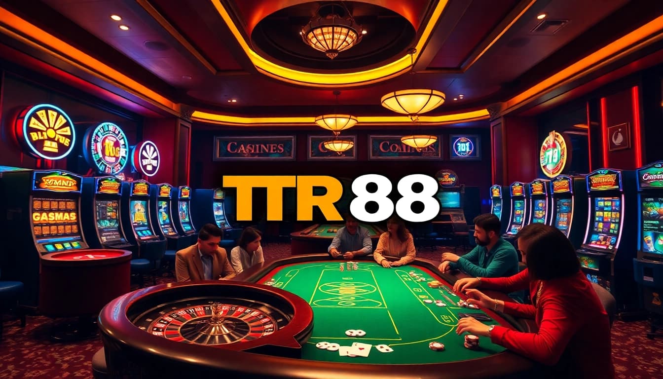 TR88 gaming experience with vibrant casino elements like roulette and poker chips.