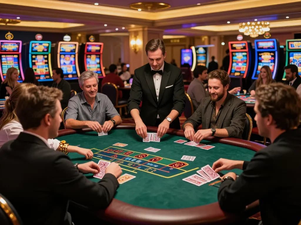 Players at MM88 casino enthusiastically placing bets while a dealer shuffles cards amidst vibrant gaming atmosphere.