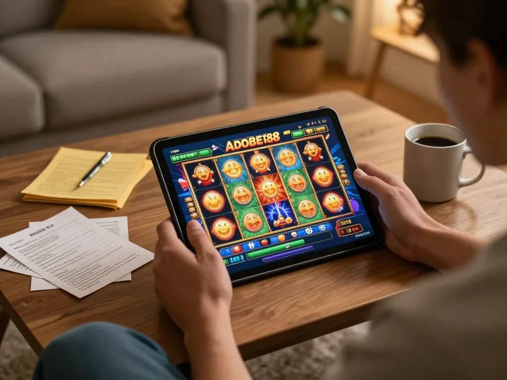 Engaging in adobet88 slot gameplay on a tablet in a cozy home setting