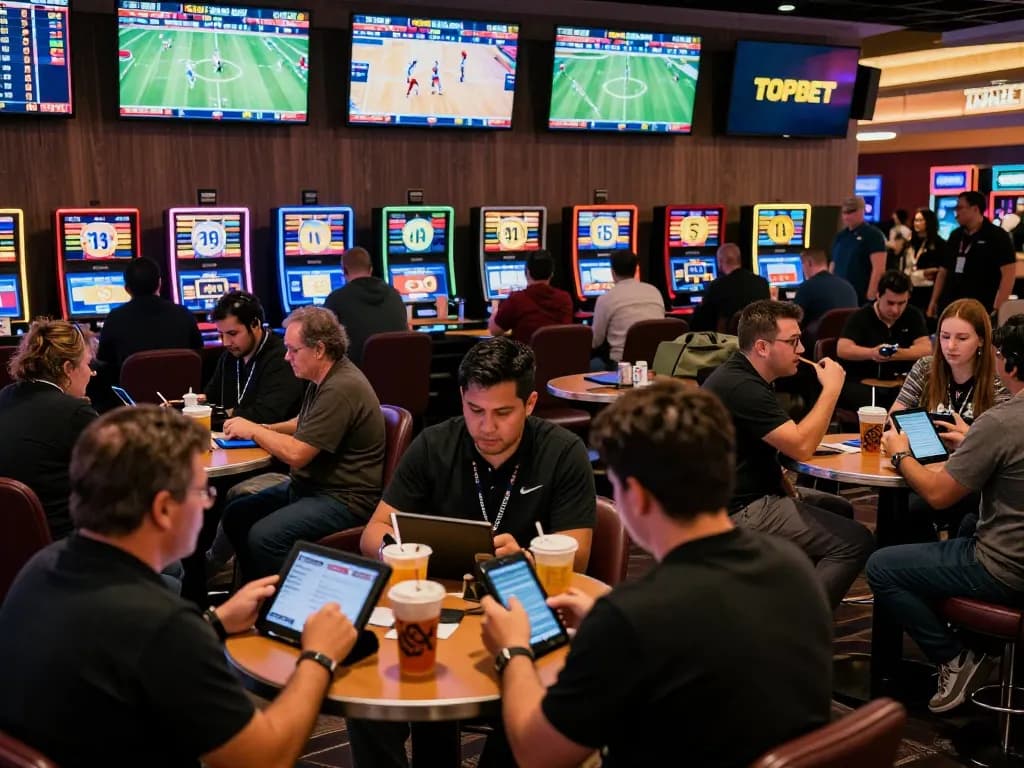 Engaged bettors placing wagers on TOPBET in a lively Las Vegas sportsbook environment.