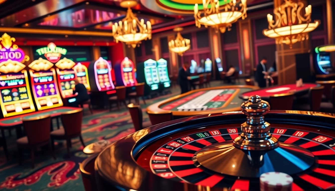 Captivating casino scene showcasing GO8 gaming tables, roulette wheels, and vibrant slot machines, encapsulating luxury and excitement.