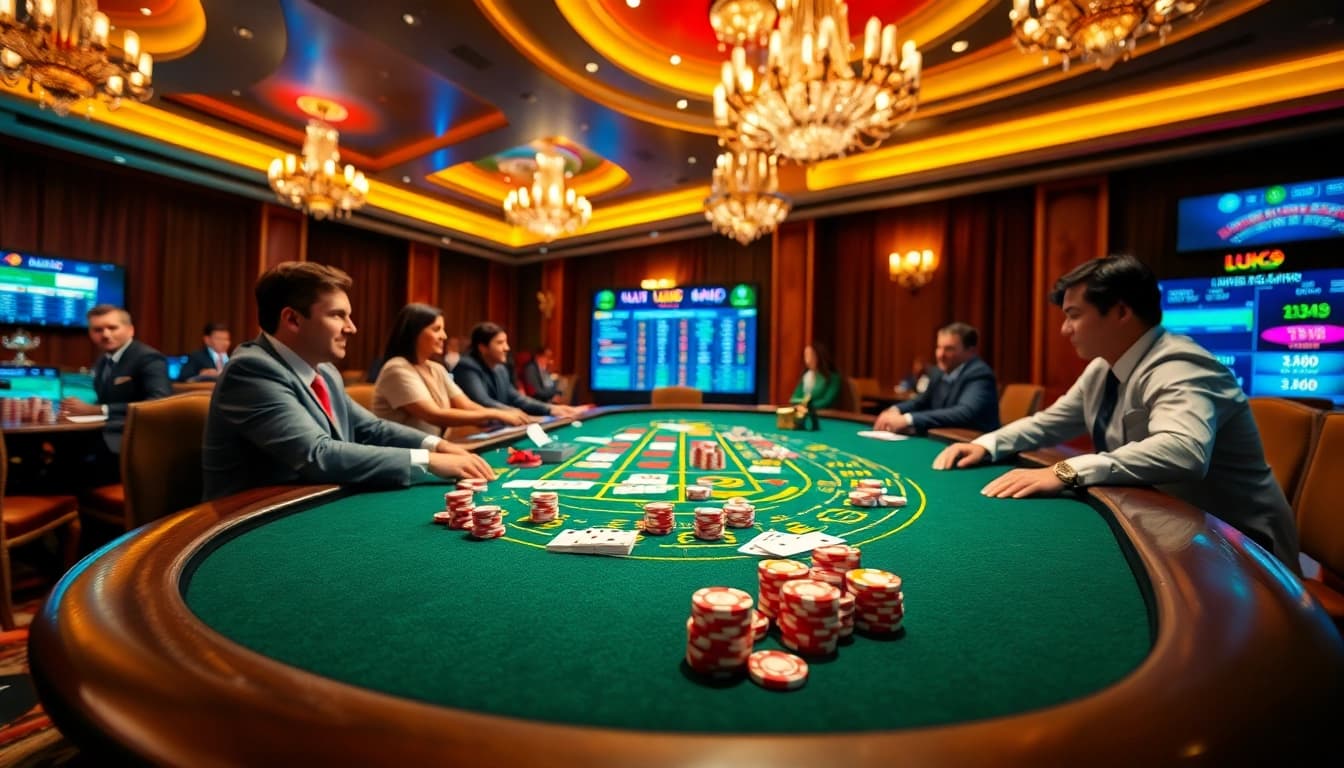 LUCK8 casino scene showcasing a vibrant gambling table with dealers and players in an exciting atmosphere.