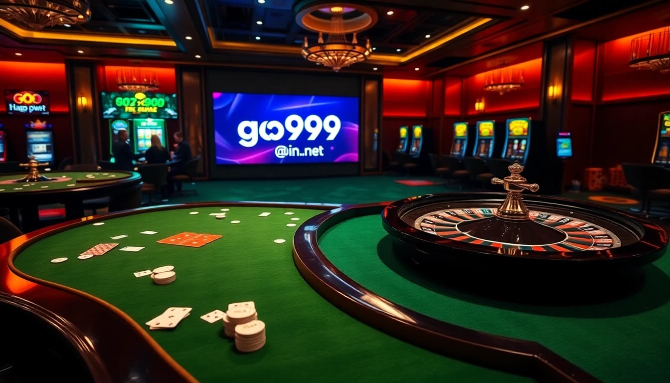 Intense gameplay at go999.in.net featuring a vibrant online casino setting with dice and poker chips.