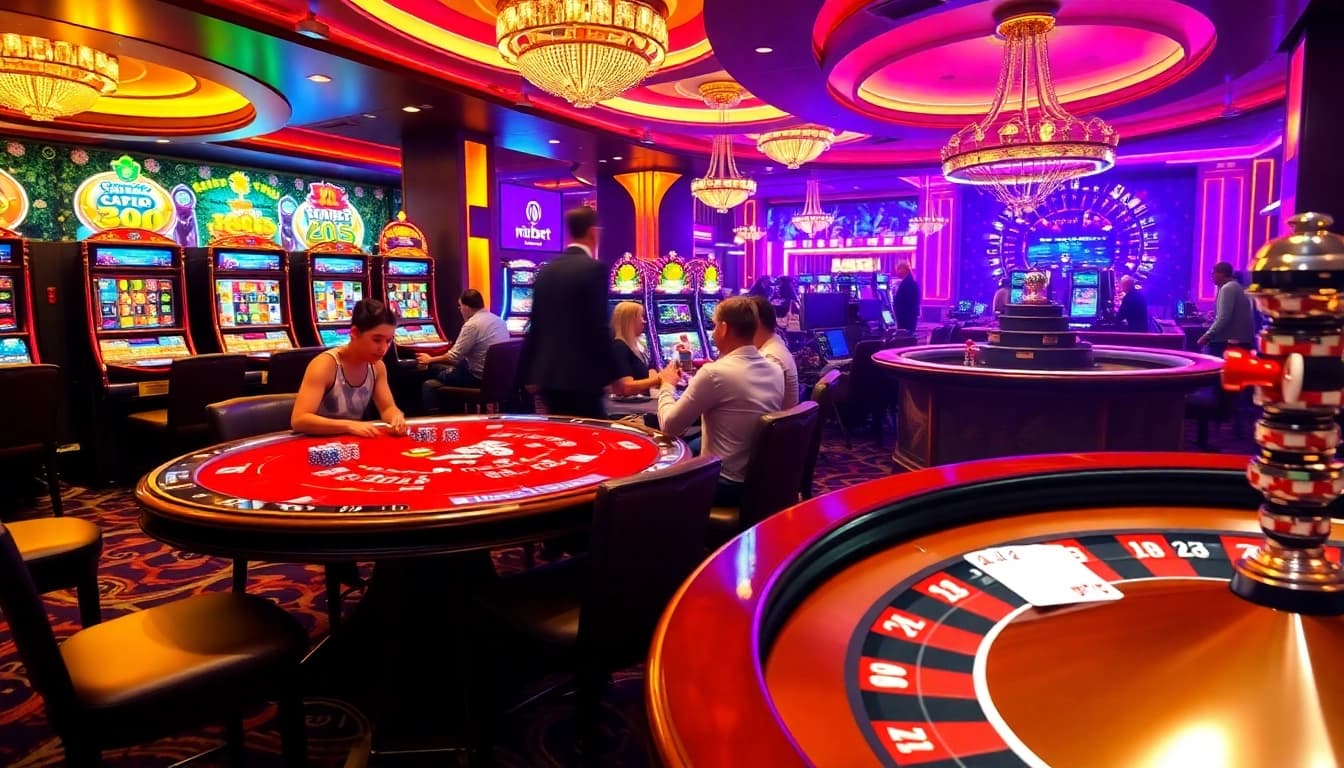 Witness the thrill of gambling at rikbet with a luxurious casino scene filled with poker tables and slot machines.
