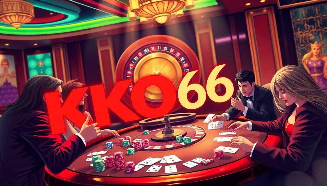 Các người chơi hào hứng tại bàn casino KO66 thưởng thức những trận đấu có cược cao với chip poker và bài.