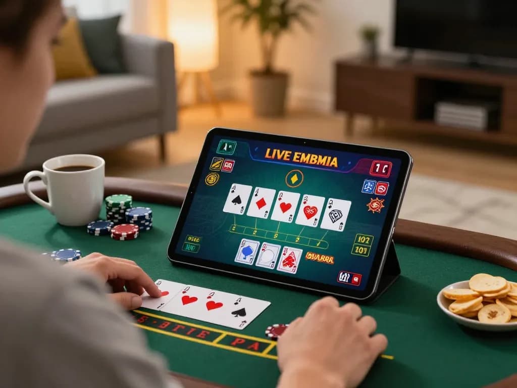 Player enjoying live dealer blackjack on 789f tablet in a cozy living room