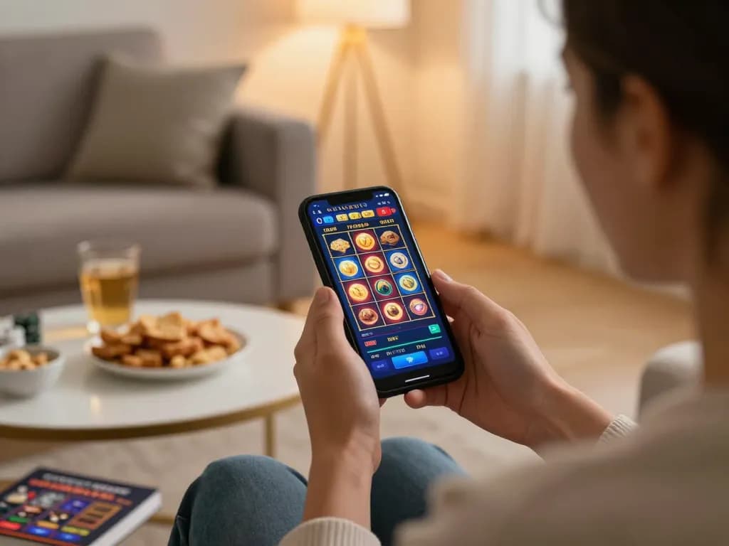 Player enjoying NK88 mobile gaming on a tablet, surrounded by snacks and a cozy home atmosphere.