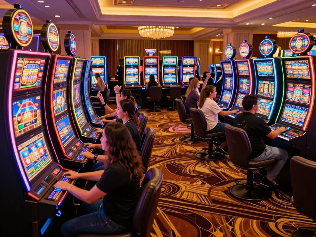 3WIN players enjoying colorful slot machines in a vibrant Vegas casino atmosphere.